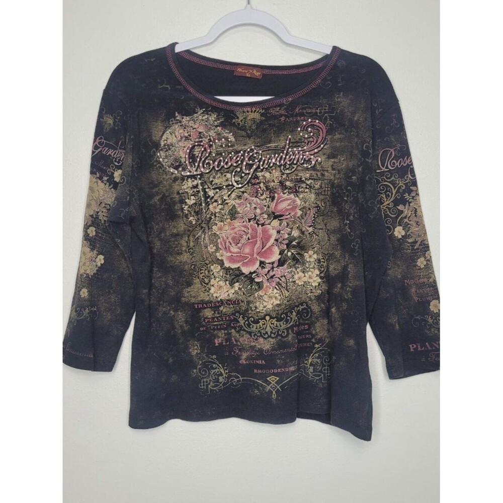 Flower N Ring rose garden grunge art to wear artsy 3/4 sleeve top size xl